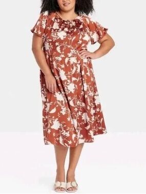 XXL Ava and Viv Floral Ruffle Midi Dress in Rust and Cream satin